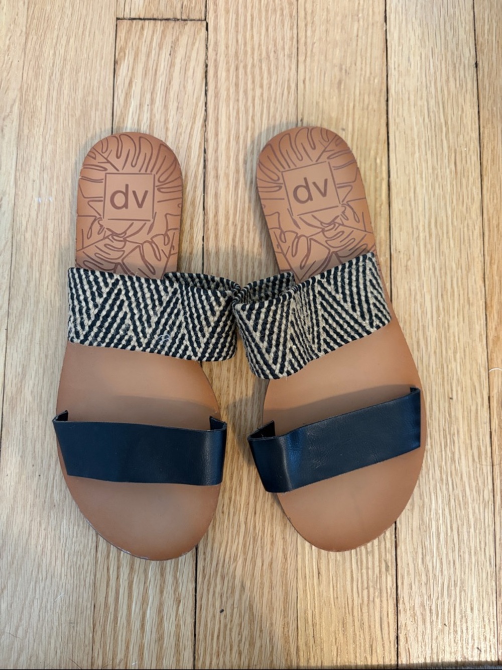 DV by Dolce Vita Two-Strap Slide Sandals in Navy, Tan & Black Pattern